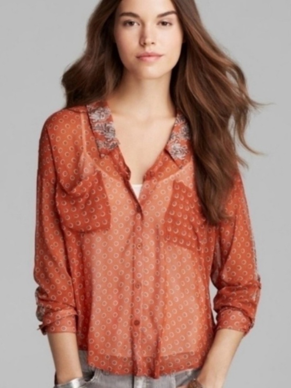 FREE PEOPLE Easy Rider Sheer Scarf Print Blouse Shirt S